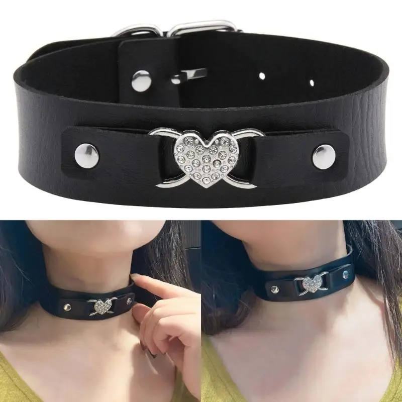 A52E Stylish Rhinestones Embellished Leather Necklace Wide Collar Chain for Casual Outings and Office Environments
