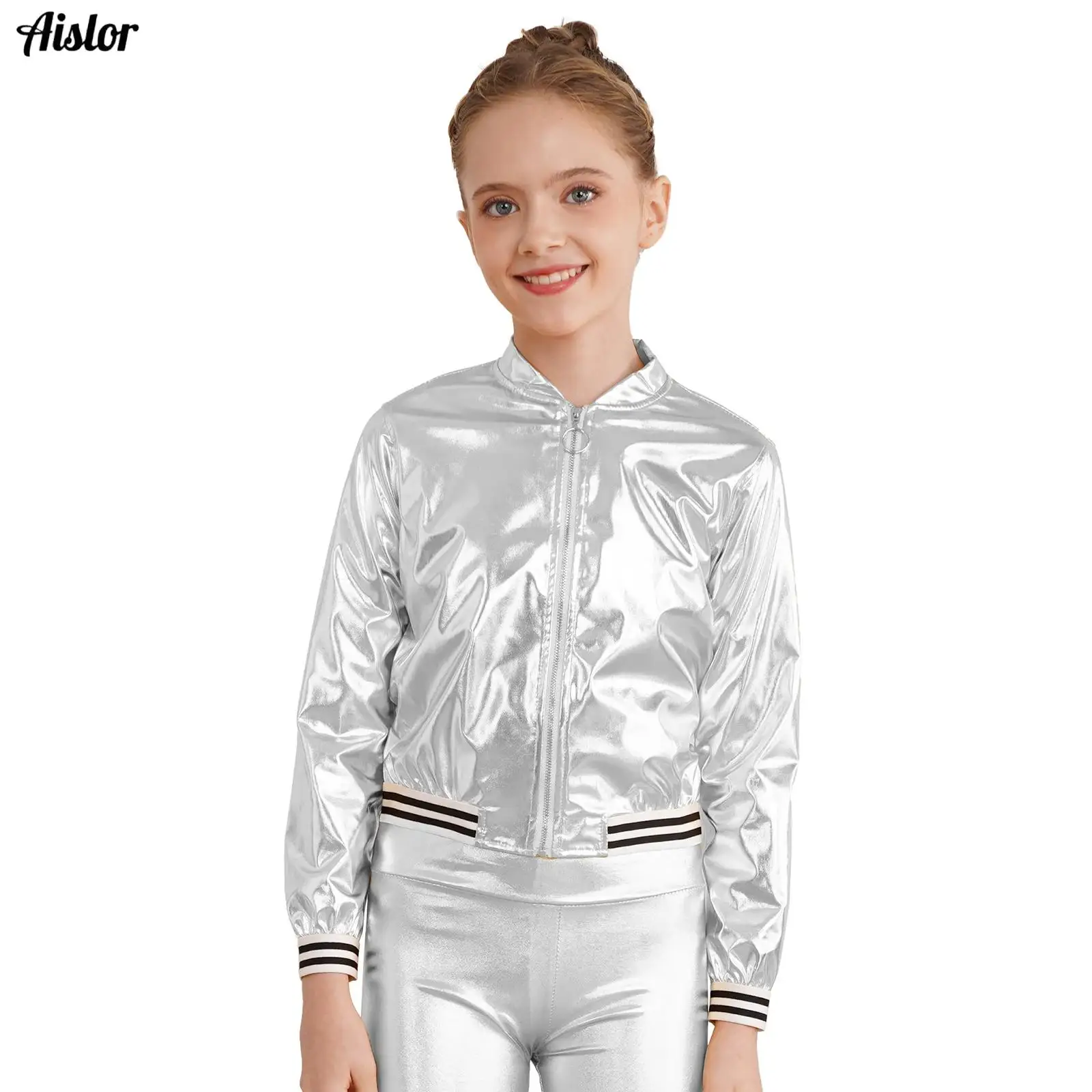 

Kids Girls Hip Hop Jazz Dance Costume Jacket Coat Metallic Long Sleeve Stand Collar Zip up Bronzing Cloth Outerwear Streetwear
