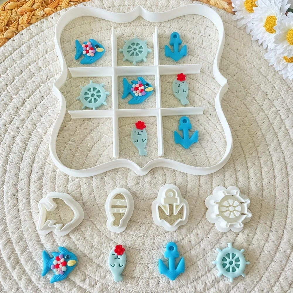 6Pcs Ocean Tic Tac Toe Cookie Cutter Set Shell Coral Fish  Palm Tree Marine Life & Beach Shapes Summer Party Baking & Clay Molds