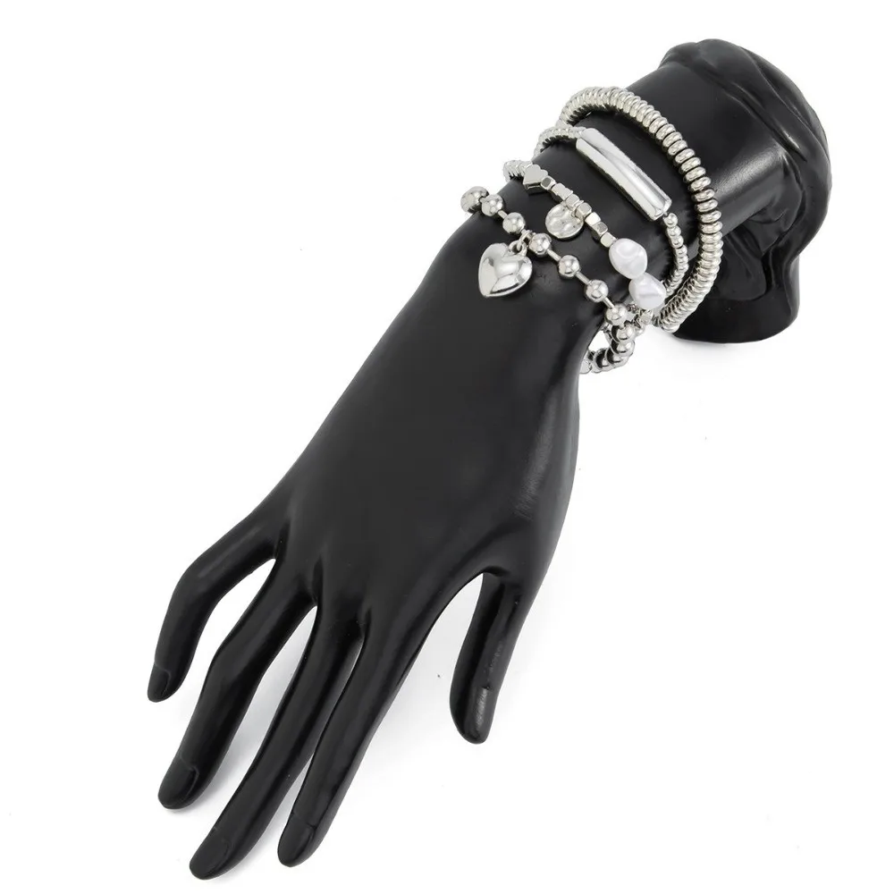 Luxury Silver Imitation Pearl Bracelets Beaded Stackable Heart Pendant Bracelets Unique Alloy Metal Hand Chain Party