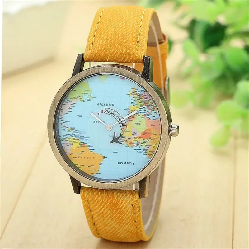 Cool Mini World Fashion Quartz Watch Men Unisex Map Airplane Travel Around The World Women Leather Dress Wrist Watches D30