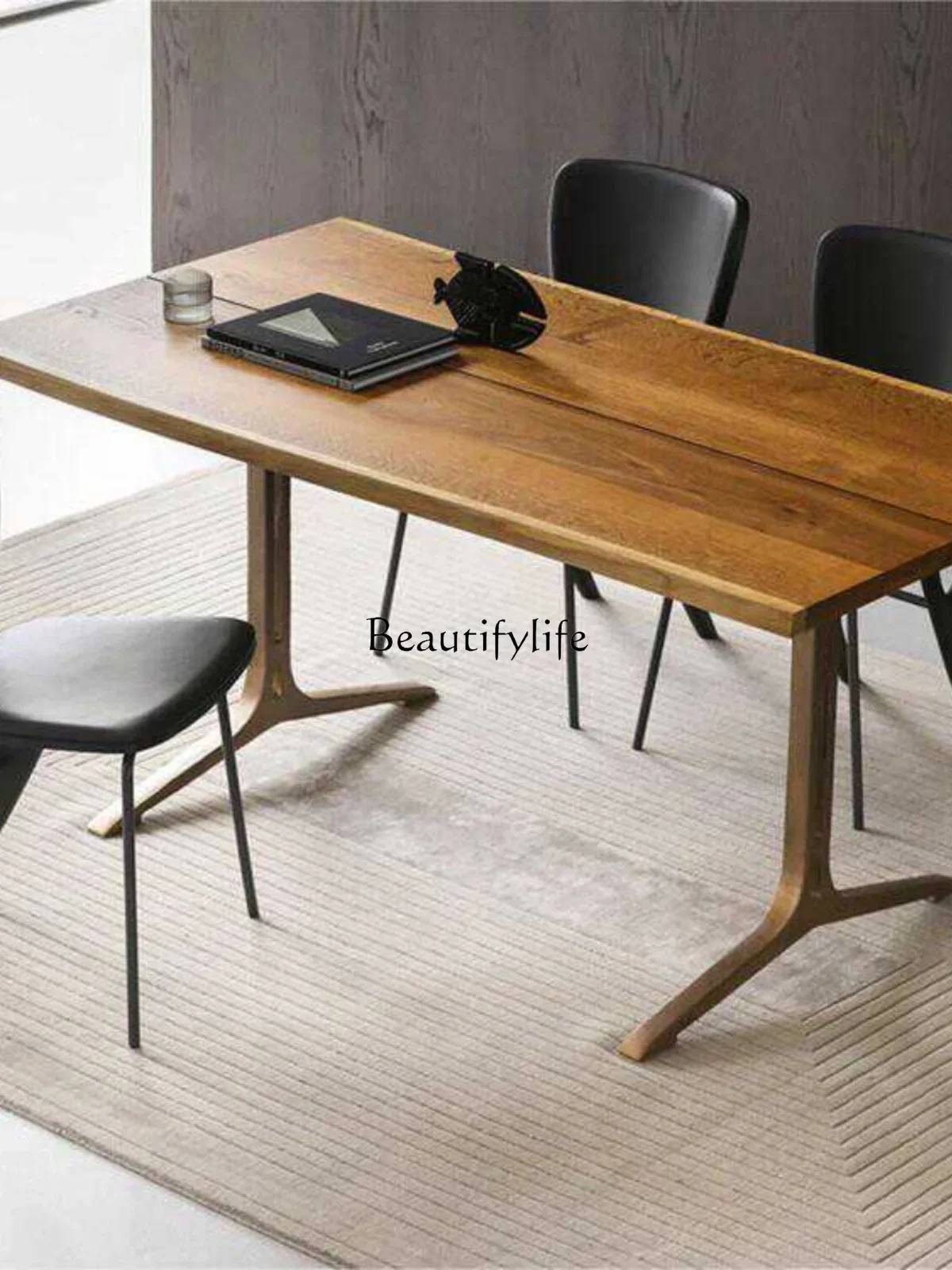 Solid wood ash wood double cast iron desk small household rectangular dining table