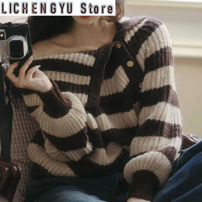 

New Vintage Striped Slash Neck Sweater Women Korean Loose Lazy Wind Streetwear Off Shoulder Knitwear Elegant Chic Pullover