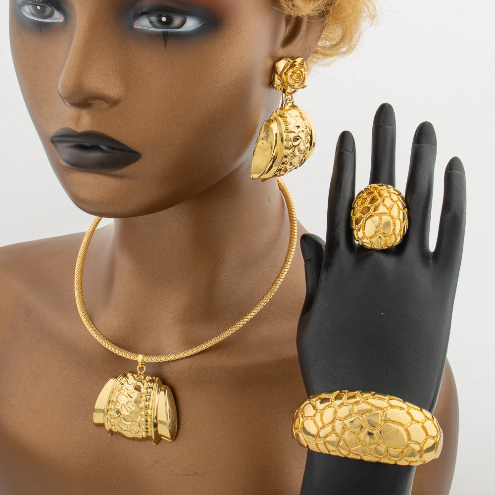 Africa Necklace Earrings Jewelry Set for Women Gold Color Metal Dubai Big Exaggerated Hoop Earrings Punk Jewelry Accessories