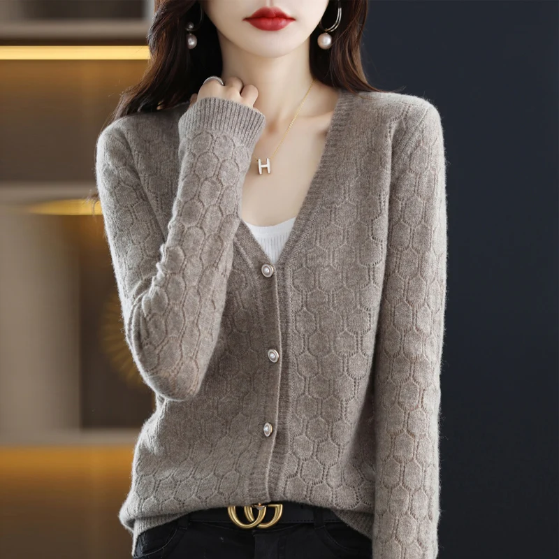 DjzDsm 100% Pure Woolen Sweater Autumn Snd Winter New Hollowed Out Women\'s Fashion Cardigan V-Neck Casual Knitted Wool Top