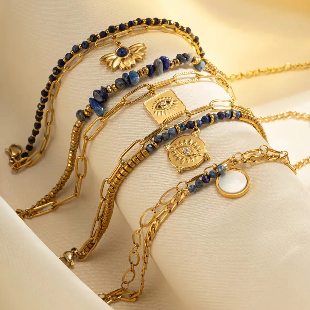 

Fashion Bohemian Style Natural Stone Titanium Steel Bracelet Double for Women Layered Elegant Retro Jewelry Party Gift