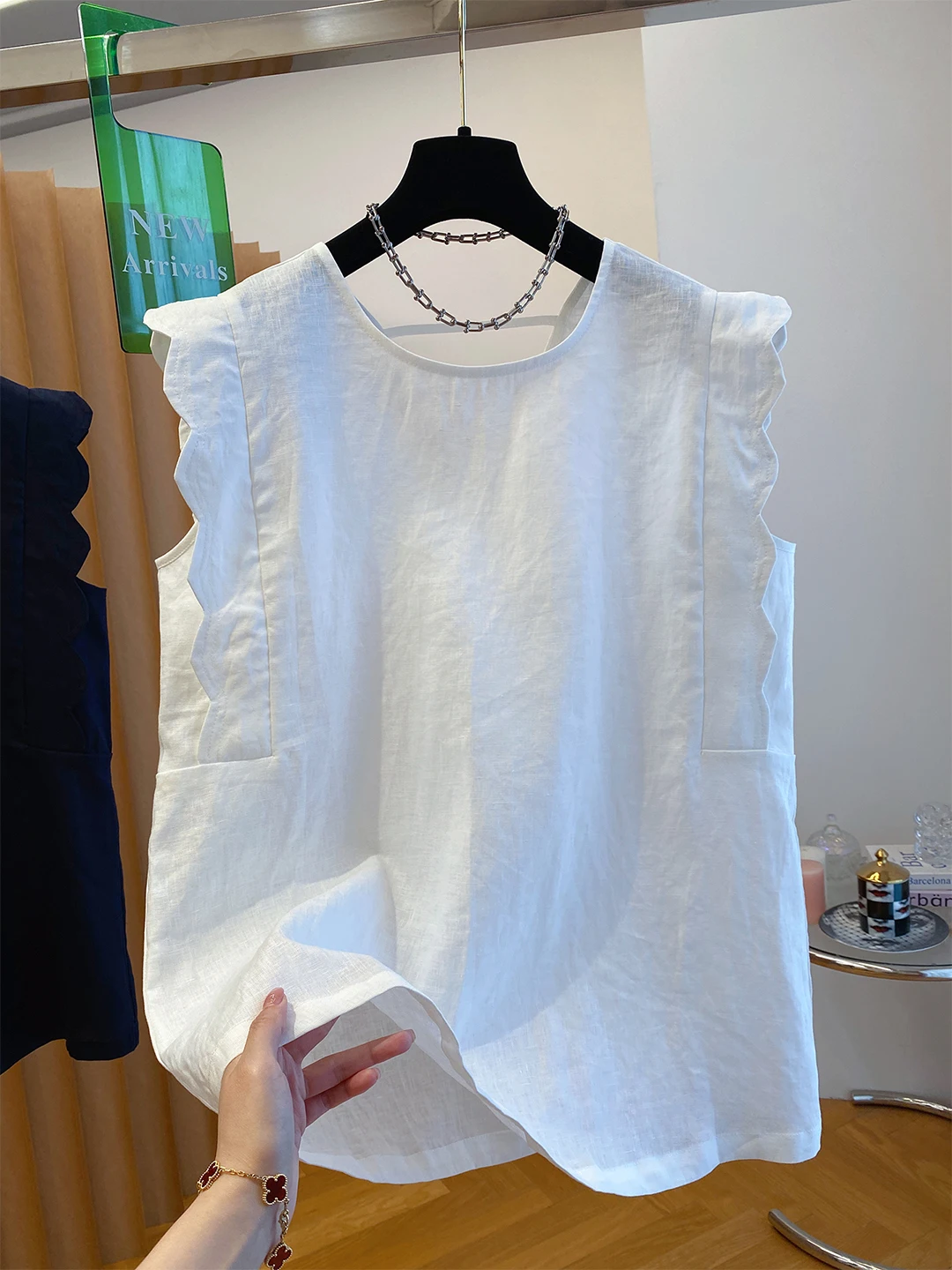 Retro Cotton Linen Vest irt Women's Loose All-Match Design Sensation Fly Sve Cotton Linen Small irt Top