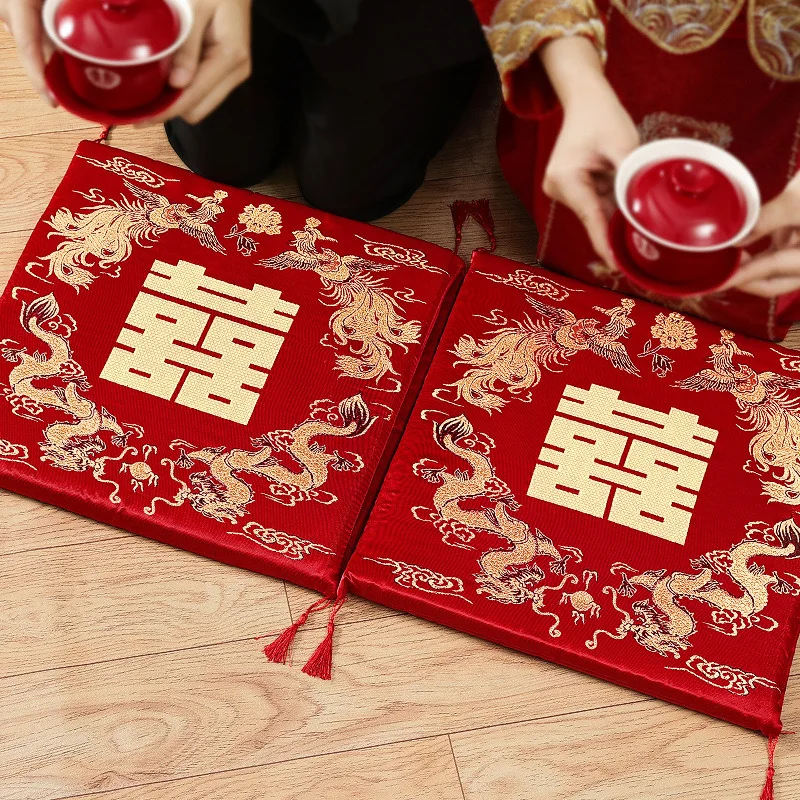 2xChinese Vietnamese Wedding Tea Ceremony Red Double Happiness Dragon Phoenix Kneeling Cushion Pad Red Double Happiness Pad