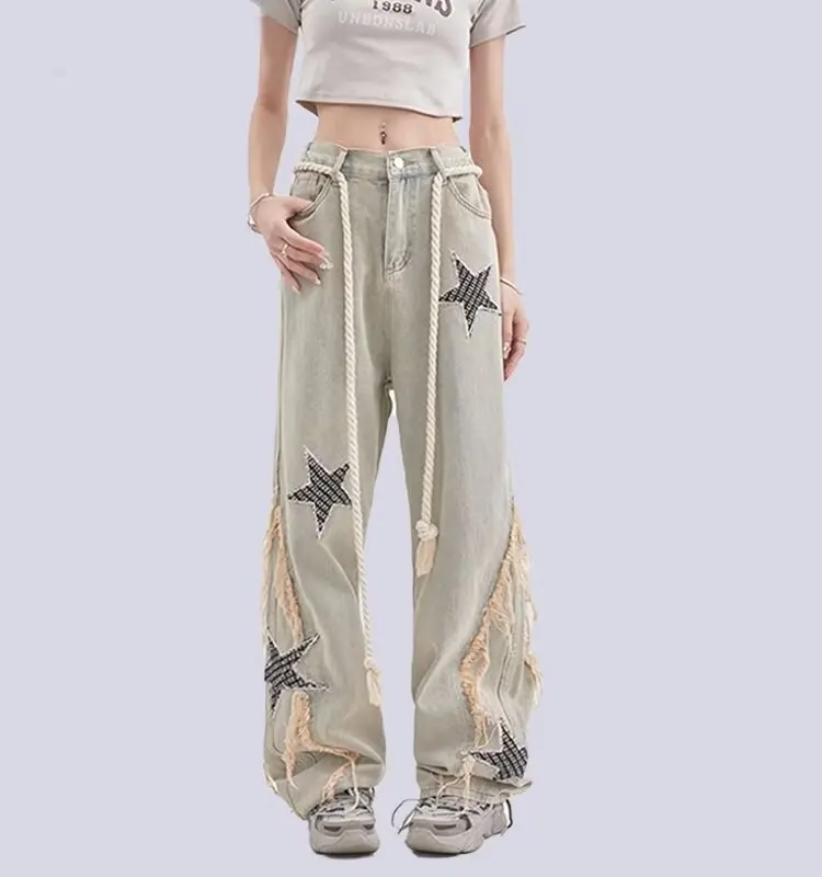 Star graphic jeans Y2K Harajuku American Fashion Women's Denim Trousers Casual Jeans fringe embroidery straight leg wide leg pan