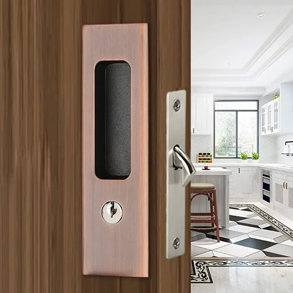 6.3" Black Invisible Recessed Handle Latch with Keys Interior Pocket Door Lock Sliding Barn Door Lock Furniture Hardware