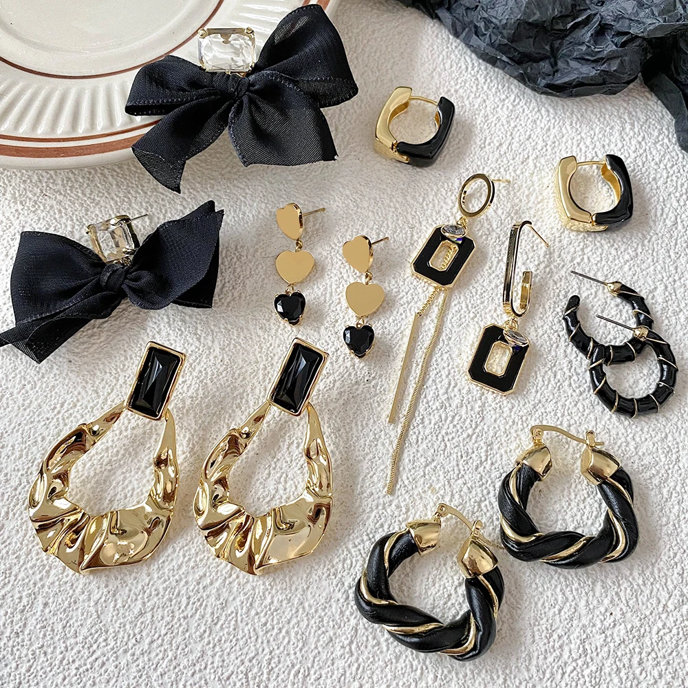 Lifefontier Vintage Black Enamel Resin Geometric Drop Earrings For Women Exaggerate Heart Round Bamboo Earring Pendant Jewelry view 3
