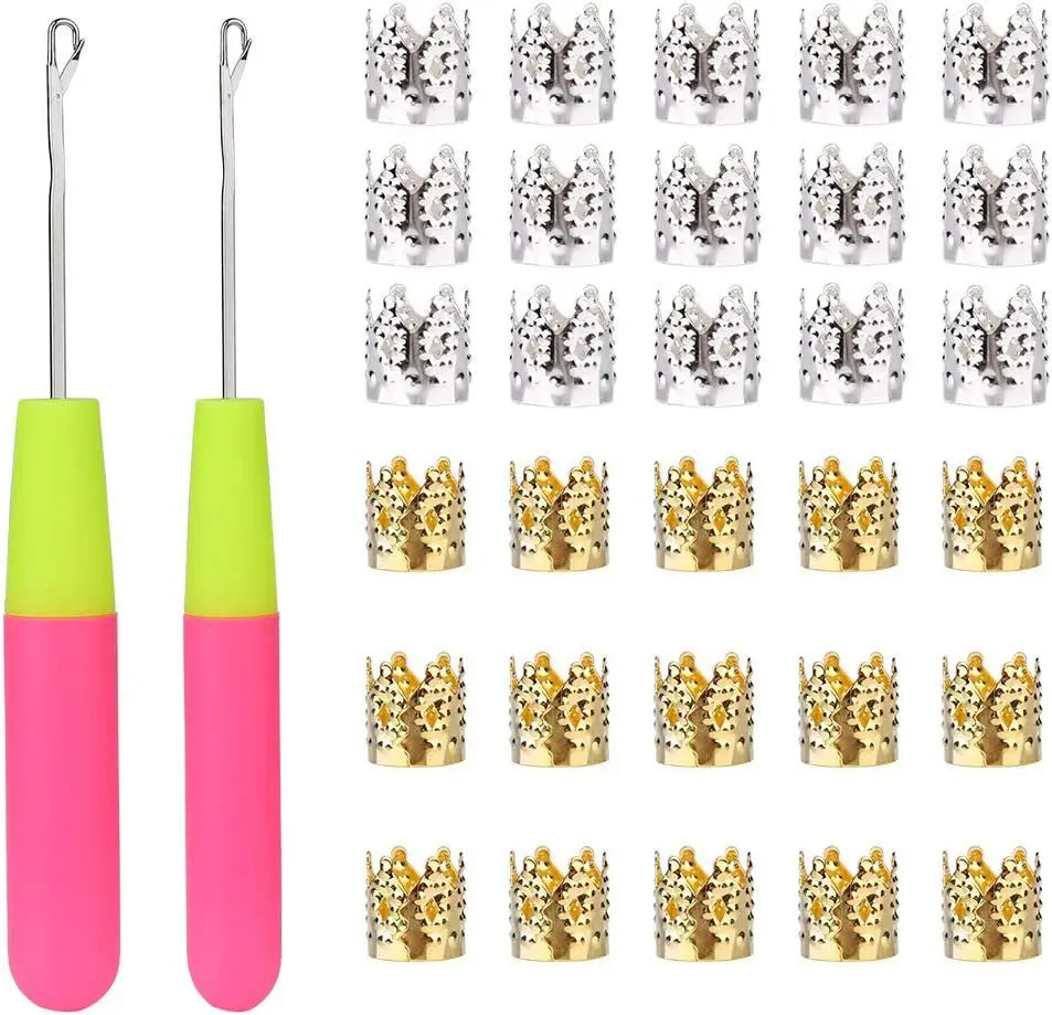 Crochet Hooks 2pcs Hair Rings 30pcs Silver Dreadlock Beads Set for Braiding Hair Extensions DIY Home Party