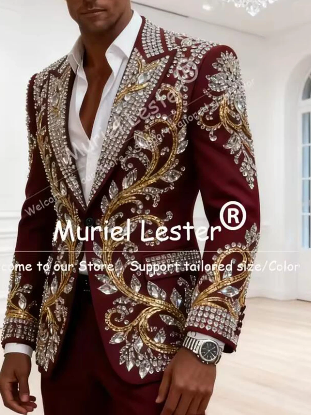 Customized Suit For Men Luxury Beaded Stones Peaked Lapel Prom Blazer Man Formal Party Groom Tuxedo 2 Pieces Set Costumes Hommes