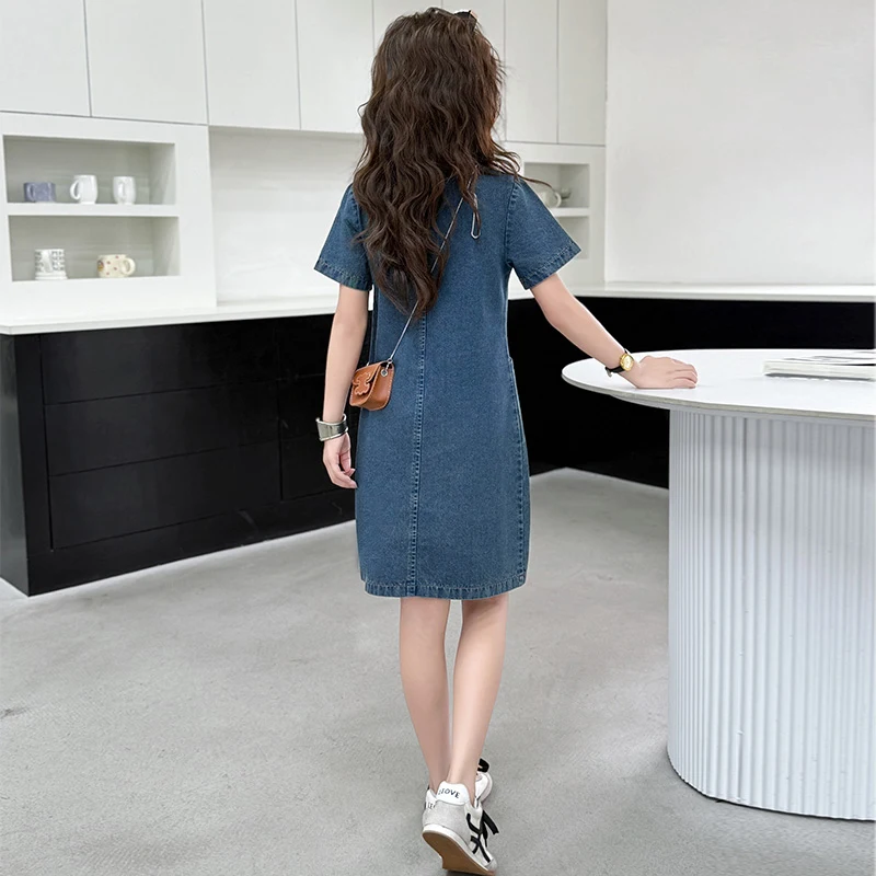 فستان أطفال عتيق بياقة مقلوبة باللون الأزرق من قماش الدنيم للفتيات ملابس صيفية للشارع فستان سادة على الموضة للأطفال في الجينز بعمر 5-14 سنة