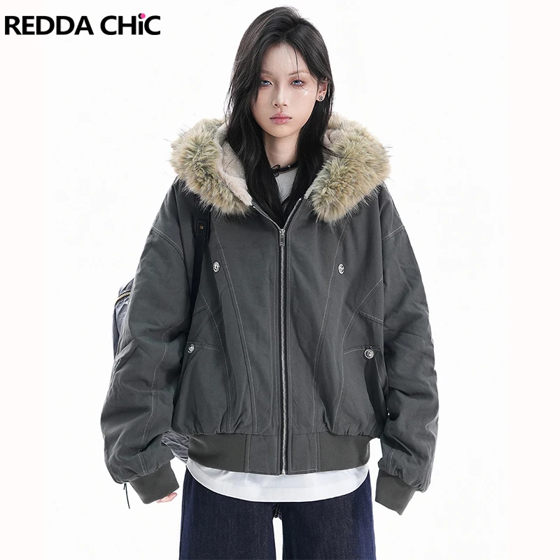 

ReddaChic Vintage Fur Collar Loose Hooded Harajuku Casual Cotton Jackets Women Winter Thickened Fashion Cropped Cargo Coat