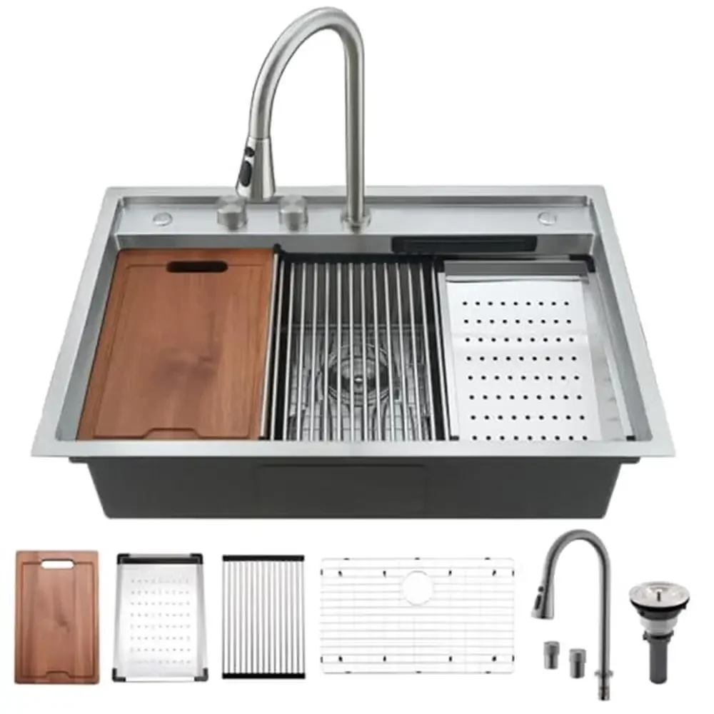 33x22-Inch Stainless Steel Kitchen Sink Workstation with Splash Guard Dual Water Outlet Modes X Grooves Water Guide Line