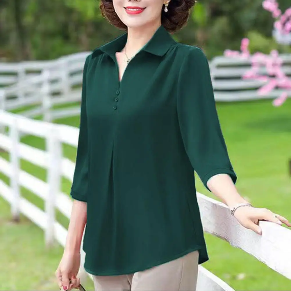 Mother Spring Summer Blouse Turn-down Collar Buttons  Solid Color 3/4 Sleeves Mom T-shirt Solid Color Loose Women Blouse Top