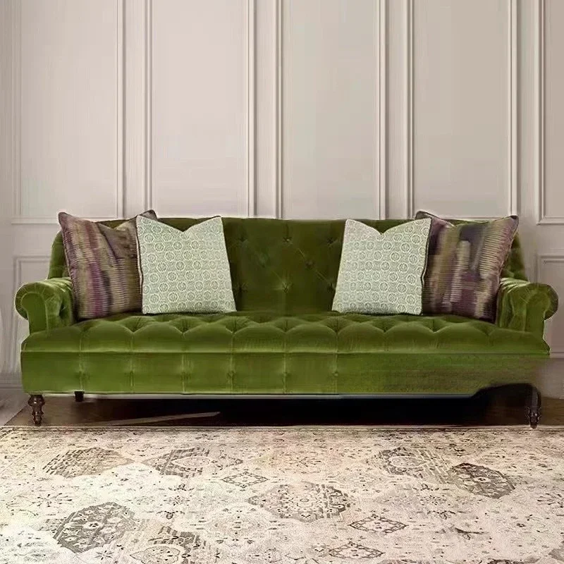 French style retro green velvet pull button three-seat sofa living room two-seat sofa