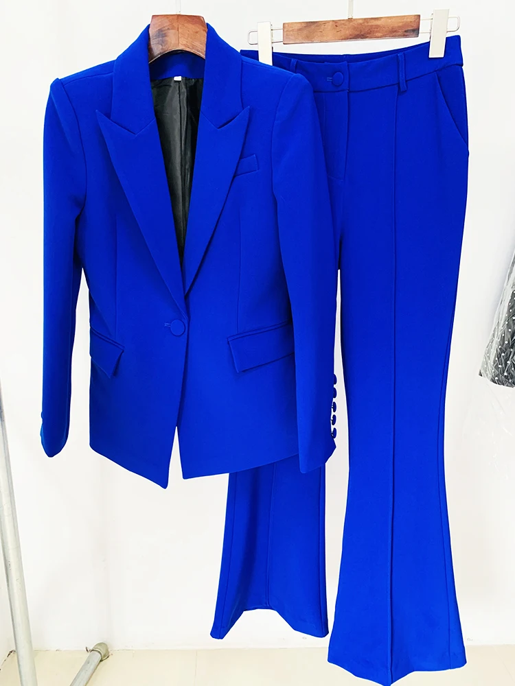 HIGH STREET Newest 2024 Designer Runway Suit Set Women\'s Single Button Slim Fit Lapel Blazer Flare Pants Suit 2pcs Royal Blue