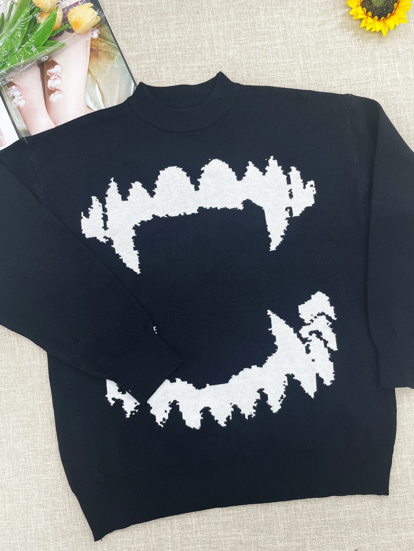 Hip Hop Streetwear Knitted Sweater Women Gothic Tooth Graphic Pullovers Autumn Black Sweater Women Fitting Sweater Y2k Clothes