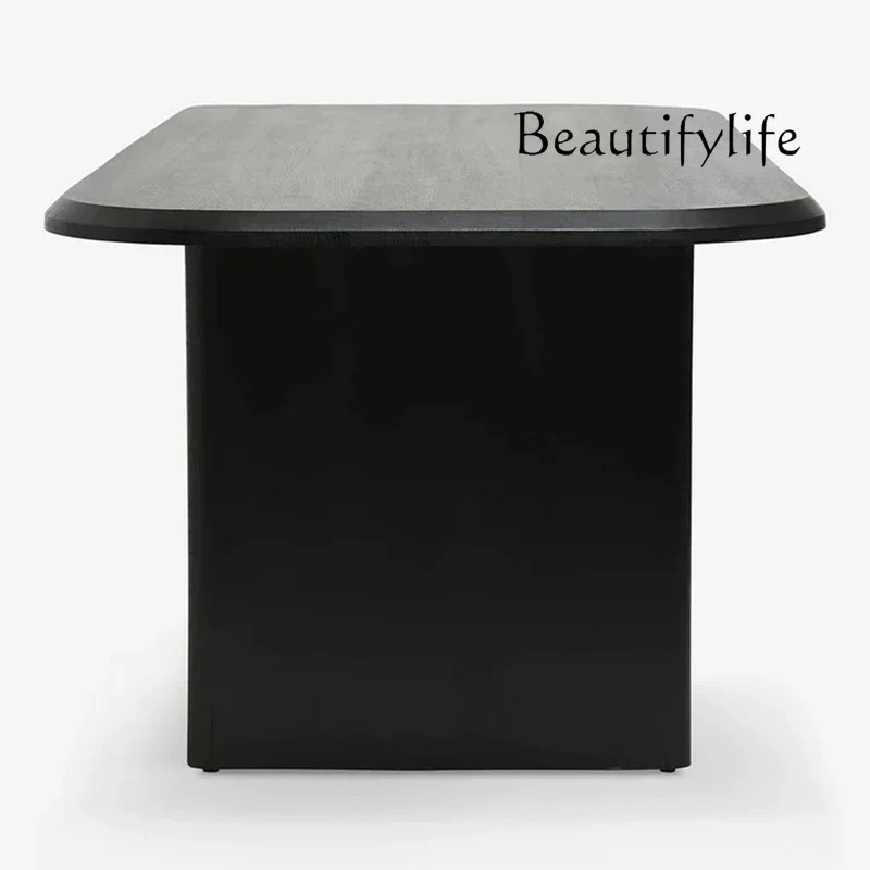 N Modern Minimalist Nordic Style Vintage Oak Black Solid Wood Texture Multi-Person Rectangular Ellipse Dining Table