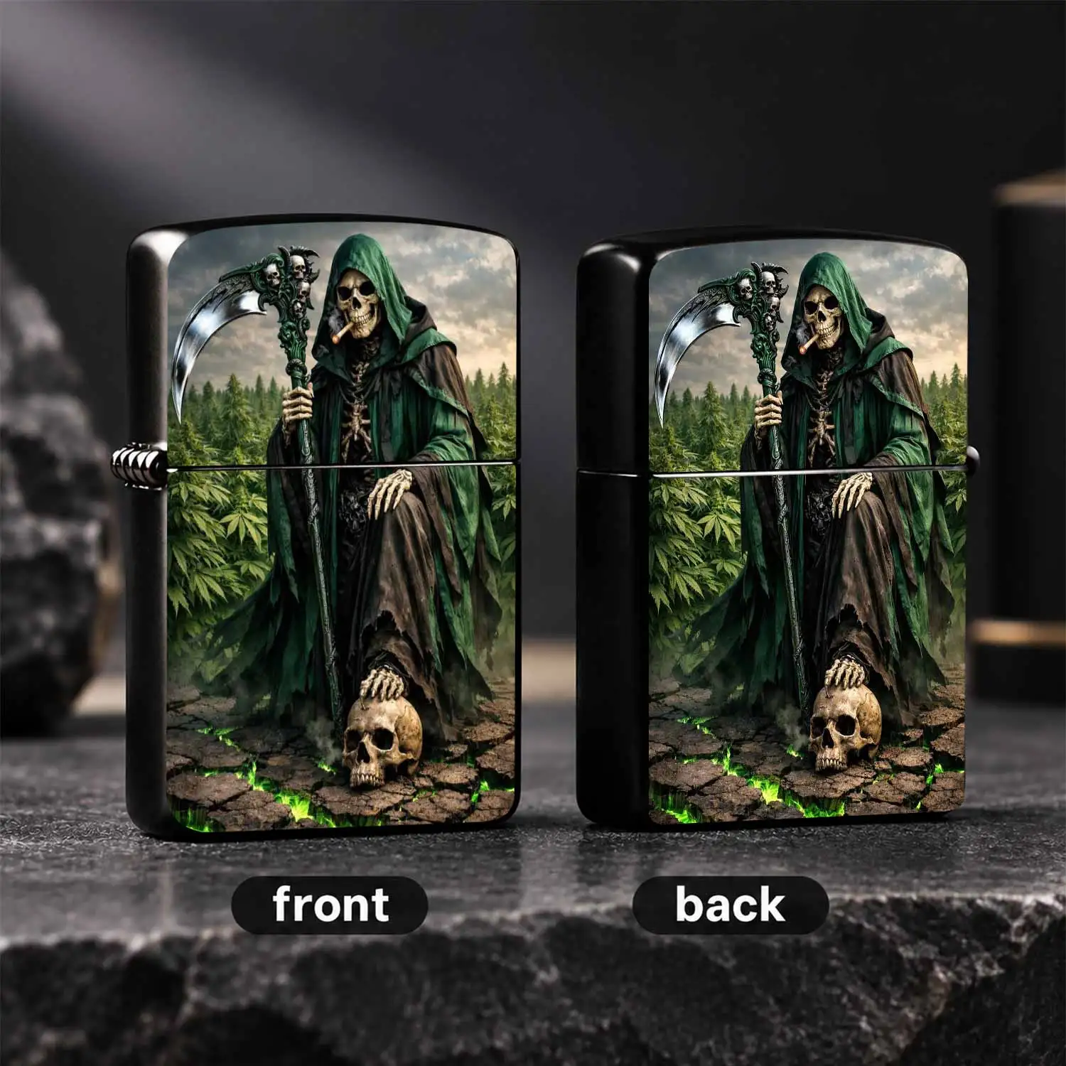 Vintage Grim Reaper Skeleton Themed Lighter, Retro Green Hooded Robe Scythe Design, Cool Dark Style  Igniter , Unique Field Scene Decor, Durable Windproof Lighter, Novelty Creative Gift For Hobbyists And Friends, Exquisite Collectible Dai