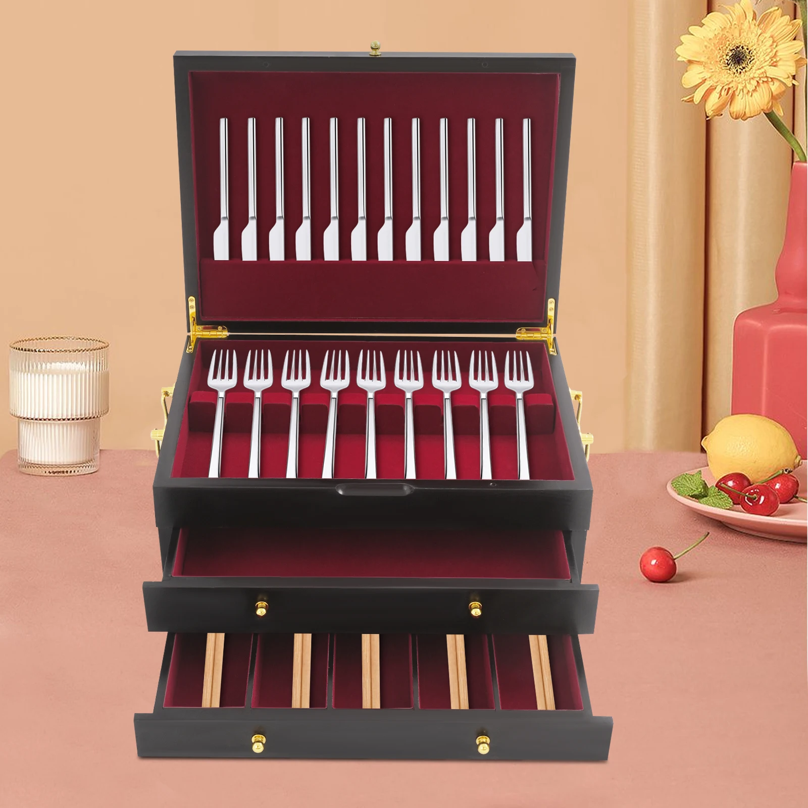 

39x29x17.5cm Pine Wood 3 Tiers Wooden Silverware Chest,Handmade Black Red Storage Box Free Standing for Home,Restaurants