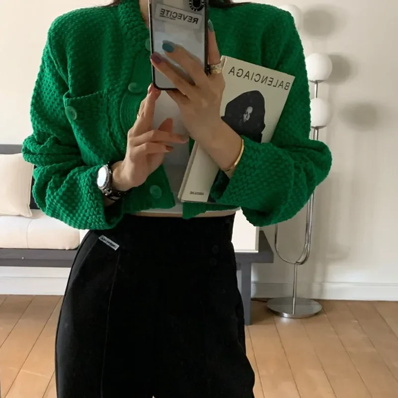 Effen kleur kleine geurzak losse korte gebreide trui jas lente herfst elegante O-hals dames vest gebreide kleding