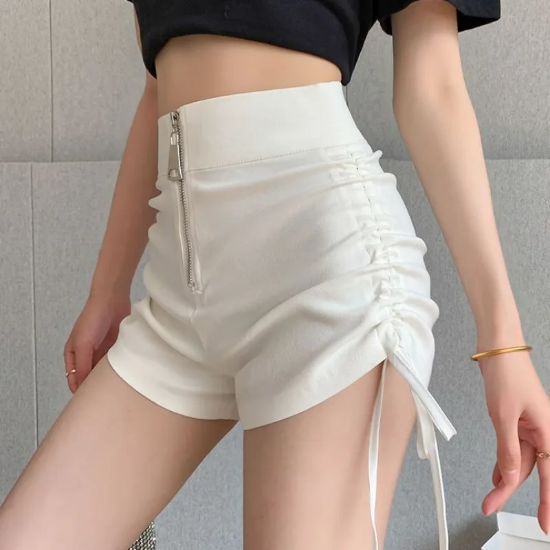 

Korean High Street Jazz Dance White Short Sexy Fashion Harajuku Slimming Yoga Pants Women's Zipper Design Sense Running Shorts