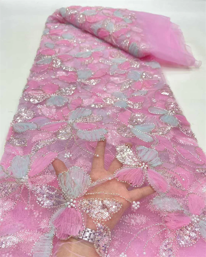 Luxury Embroidery Lace Fabric with Sequins And Beads for Party Dress And Wedding Gown Net Lace Fabric Hot Selling