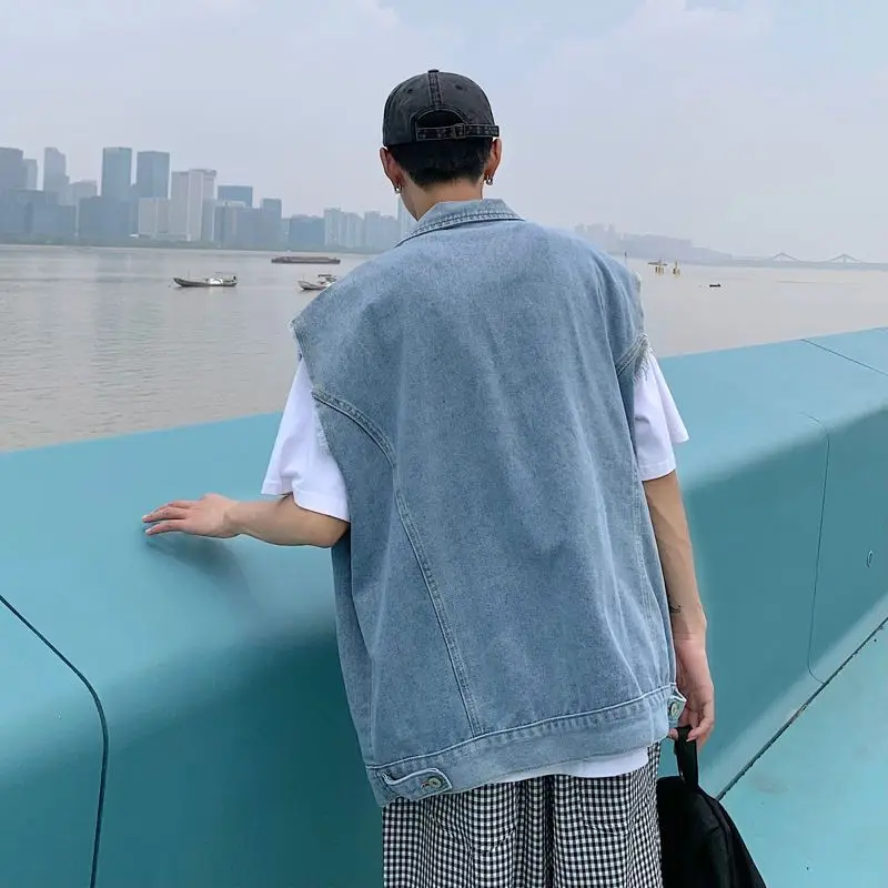 الحد الأدنى الرجال سترة الدنيم بلا أكمام المحاصيل مع تنحنح الخام خفيفة الوزن للجنسين طبقات سترة لارتداء اليومي أساسيات #6