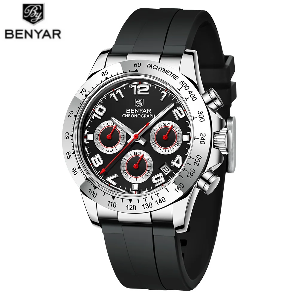 BENYAR 5192 Luxury Casual Men's Quartz Watch Steel Bezel Silicone Strap Waterproof Multi Functional Night Light Men's Watch Gift