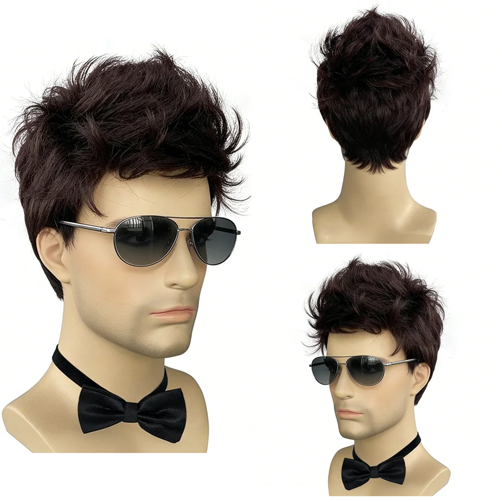 Men Short Curly Wig For Black Men Dark Brown Natural Fluffy Spiky Textured Heat Resistant Synthetic Hair For Daily Cosplay Party