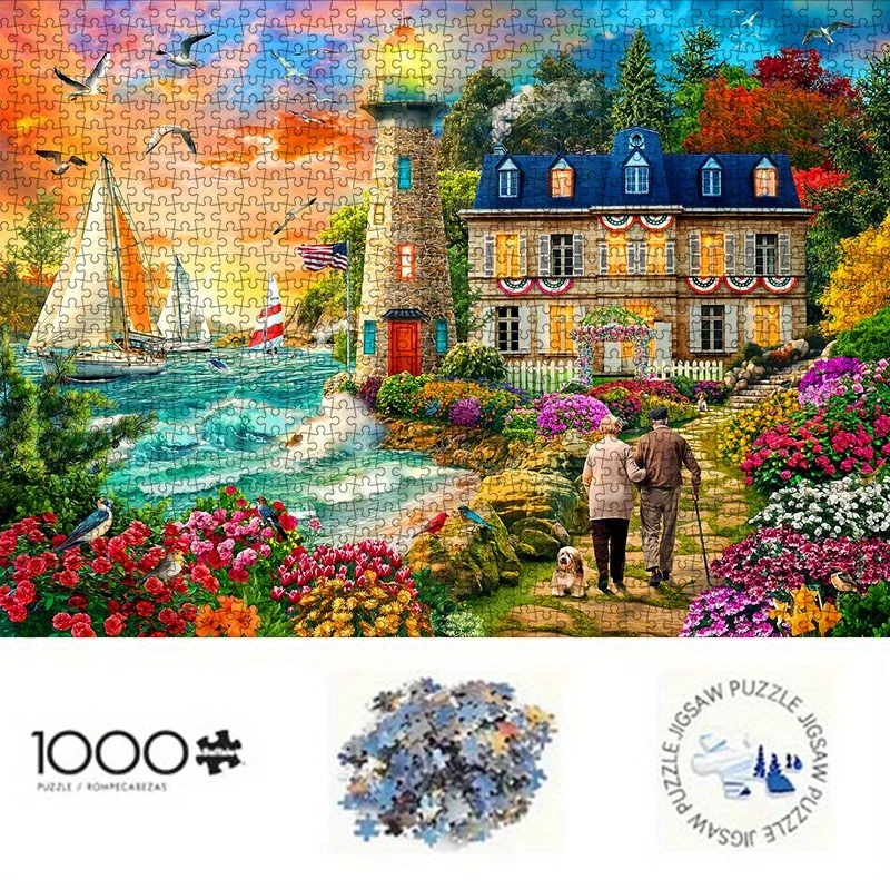 Puzzle de coucher de soleil avec phare côtier et villa, jeu intellectuel romantique pour adultes, jouet décoratif de loisirs à la maison