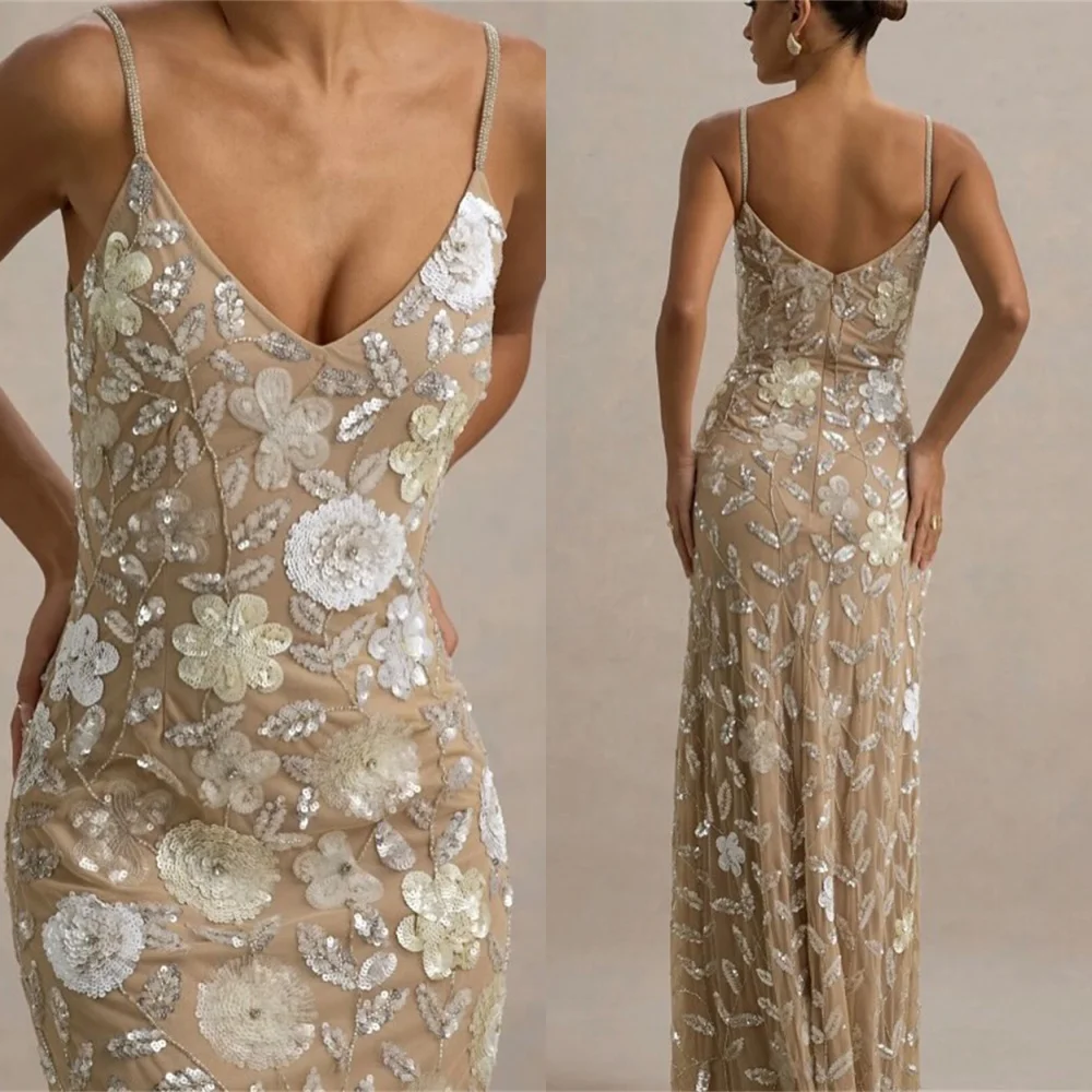 Vestido de noche delicado personalizado de Jersey de color marfil, elegante vestido de cóctel con tirantes finos y cuello en V, exquisito vestido de fiesta con cremallera en la espalda