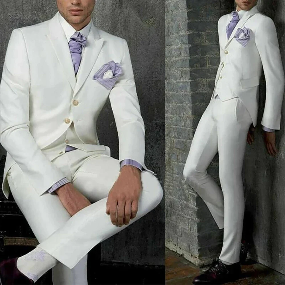 

New Pure White Slim Fit Men Suits 3 Pieces Blazer+Pants+Vest Handsome Slim Celebrity Wedding Formal Work Causal Tailored Set