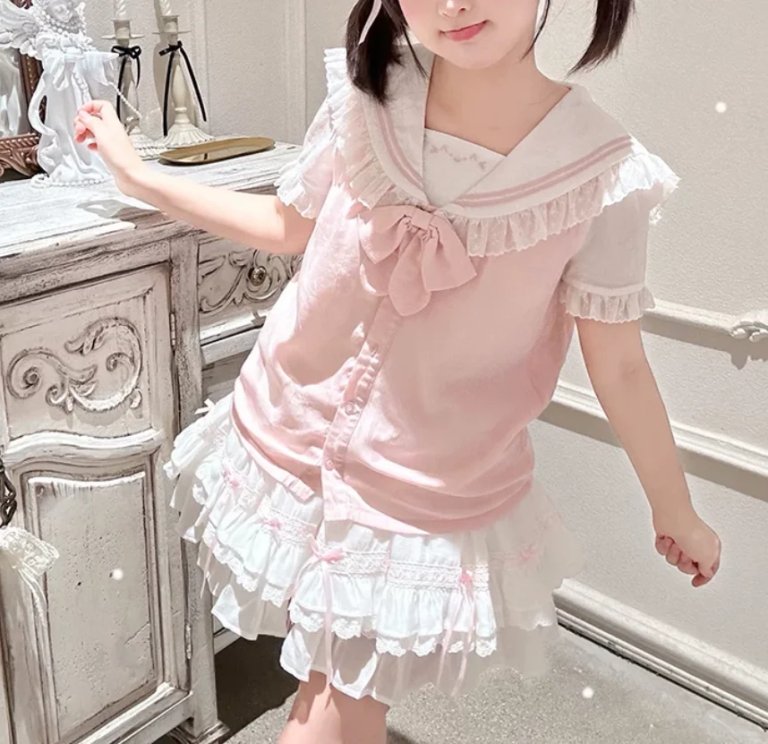 Summer New Cute Japanese Sweet Navy Collar Lace Splicing Pink T-shirt Age-reducing Fashion A-line Bow White Short Cake Skirt