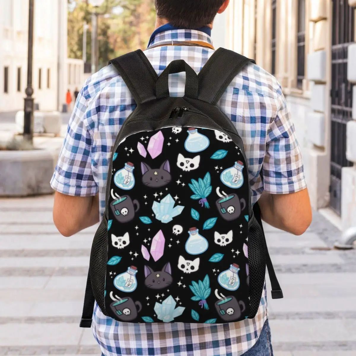 Erva bruxa padrão mochila de viagem das mulheres dos homens escola computador bookbag assustador gato crânio faculdade estudante daypack sacos