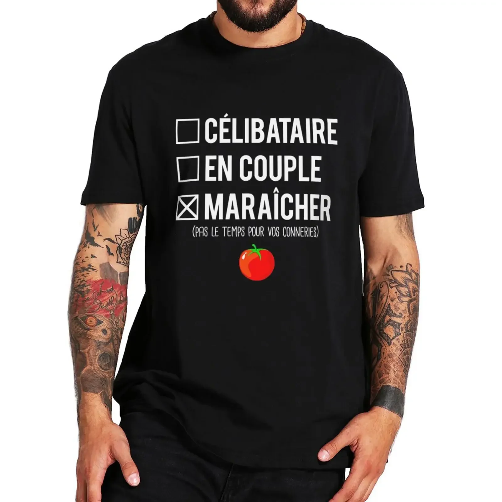 Funny French Text  Humor Tee Tops EU Size 100% Cotton Casual Oversized O-neck T-shirt Single Man Couple Joke Vegetable T Shirt