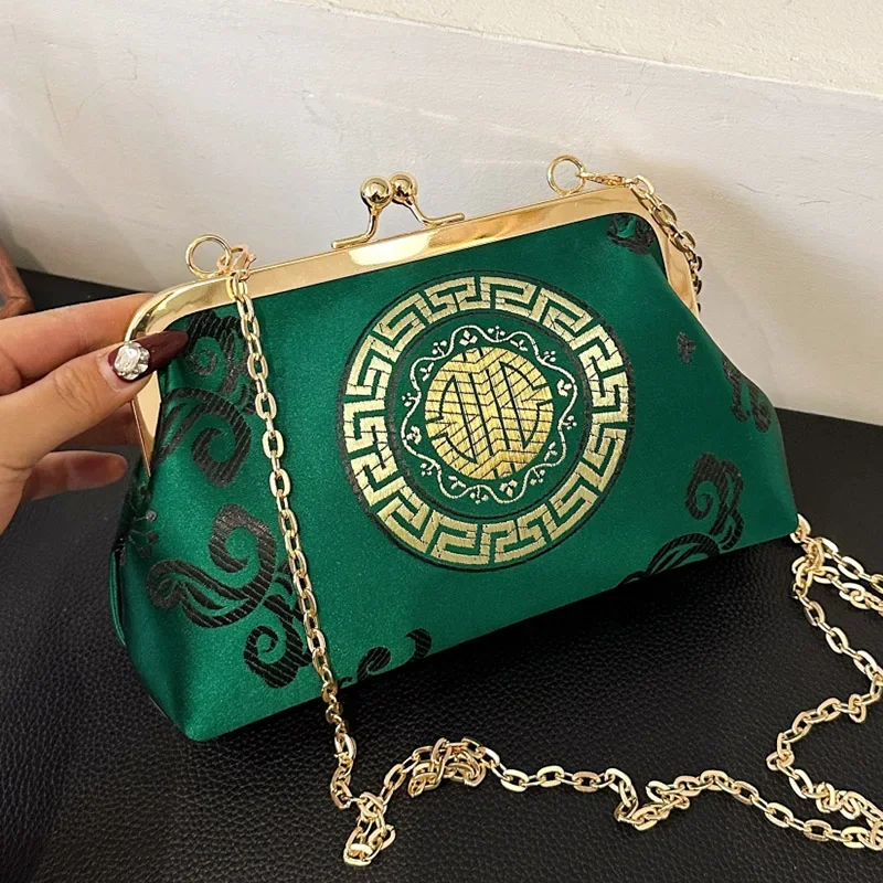 Retro Women Gold Embroidery Lock Shell Clip Shoulder Bags Chain Messenger Bags Clutch Green Handbags And Purses Crossbody Bags