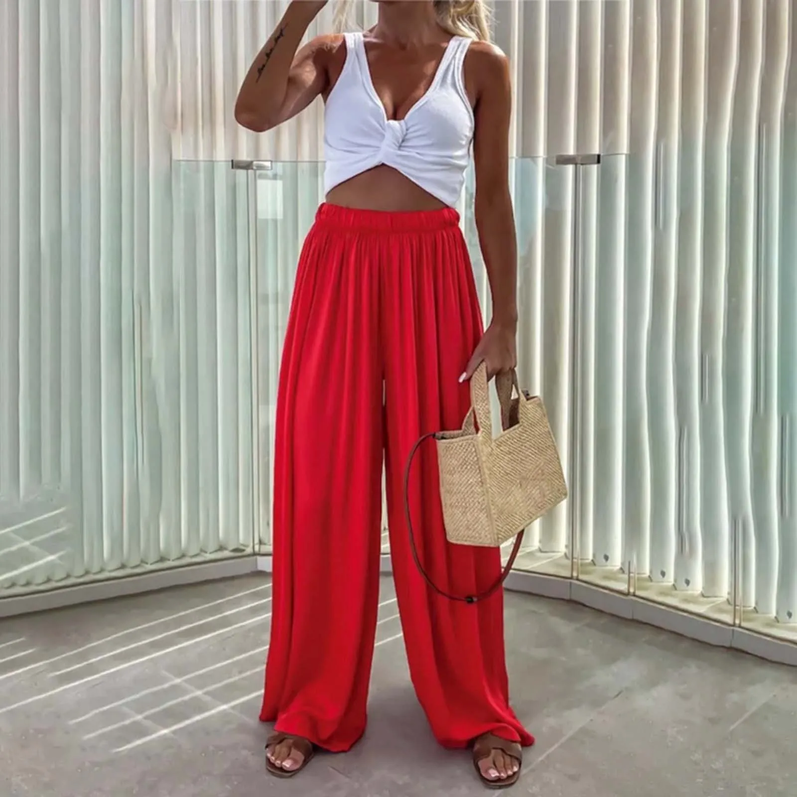 Autumn Simple Commute Pleated Trousers Women Elastic Waist High Street Loose Wide Leg Pant Fashion Casual Solid Color Long Pants