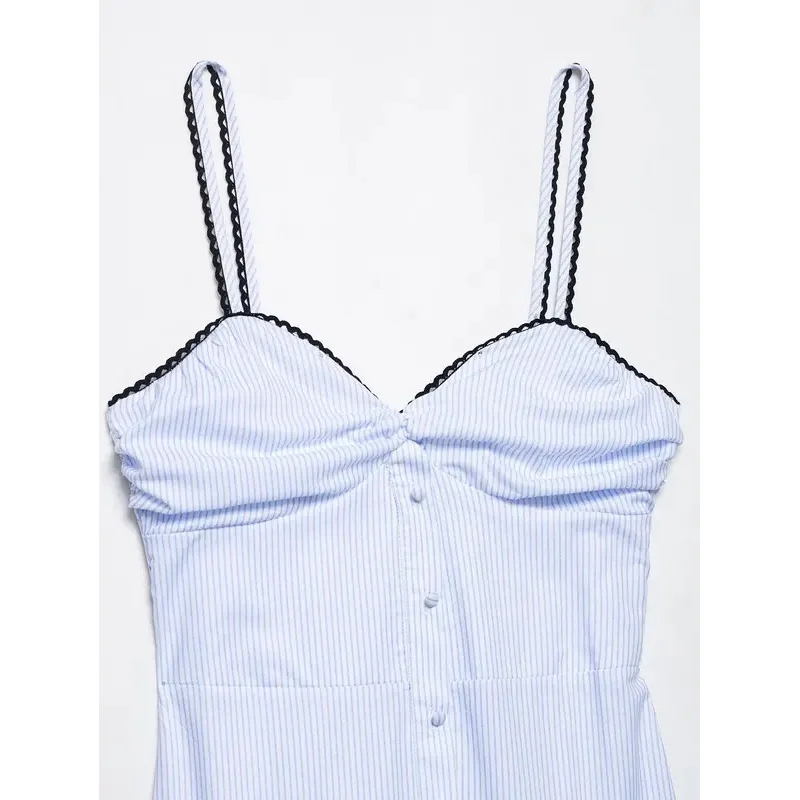 Elegante listrado em camadas babados suspender vestido com decote em v sem mangas sem costas a linha verão robe para mulher 2025 senhoras moda