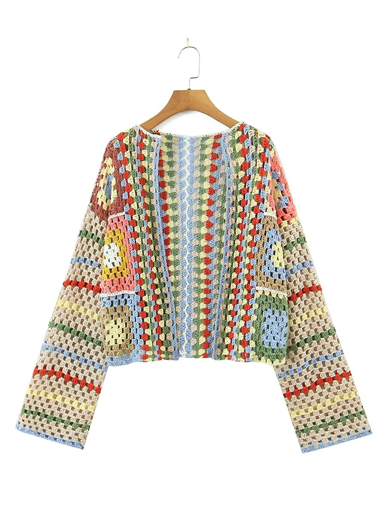 YENKYE Women Fashion 2022 Boho Hand Crochet Sweater Cardigan Vintage Open Stitching Long Sleeve Female Crop Outerwear Chic Tops