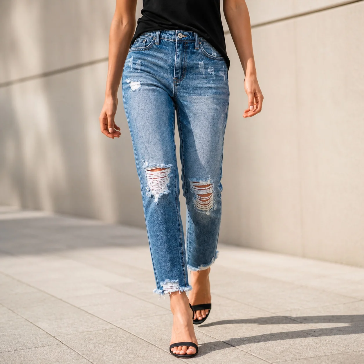 Women's Mid Waist Acid Wash Distressed Straight Leg Classic Fit Full Length Medium Weight Cotton Casual Everyday Ripped Jeans