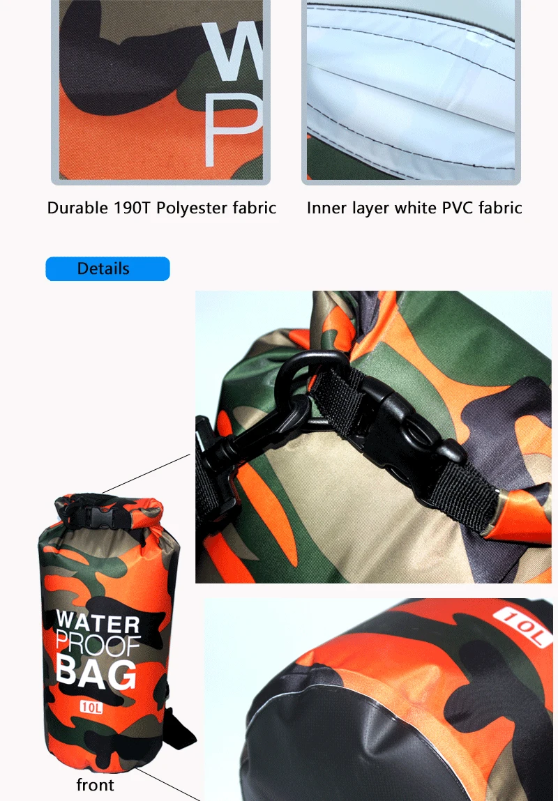 2/5/10/15/20/30L Outdoor Tarnfarben Wasserdichter Tragbarer Rafting- und Tauch-Trockensack PVC-beschichtete Schwimmtaschen für Flusswanderungen – Detail 3