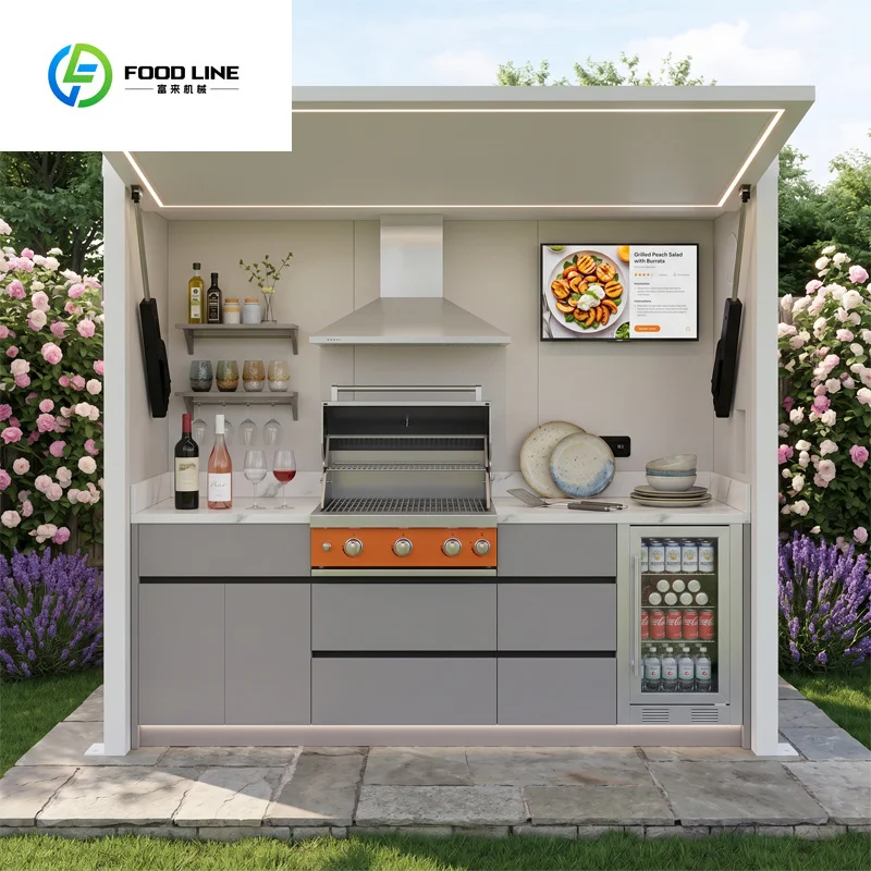 2026 Modern Outdoor Furniture Pool House with Stainless Steel Kitchen Cabinet Pod for Gas BBQ Grill With Shed