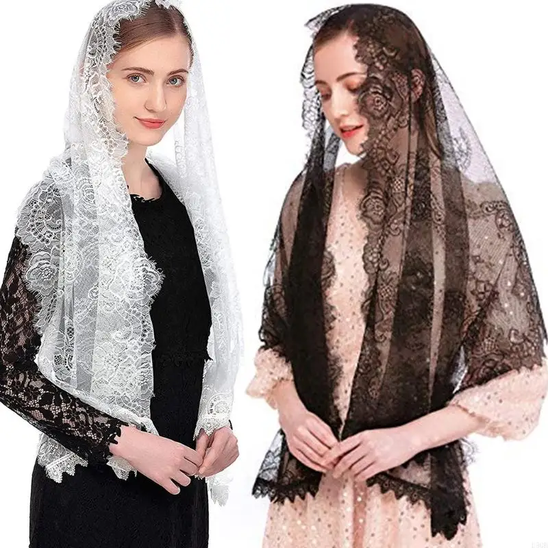 

D5QB Spanish Lace Traditional Vintage Mantilla Veil Latin Mass for Head Covering Scarf for Catholic Church Chapel