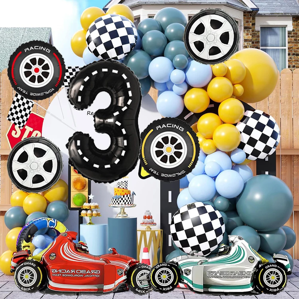 Race Car Party Happy Birthday Banner Foil Car Wheels Balloons Cake Toppers for Boys Kids Formula 1 Racing Party Decors Supplies