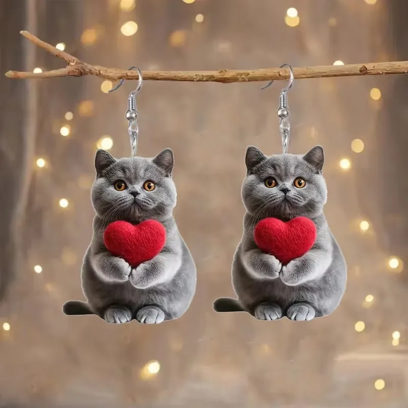 4 pairs of cute cartoon cat pendant earrings, 2D acrylic cat accessories, suitable for party/Valentine's Day/gift