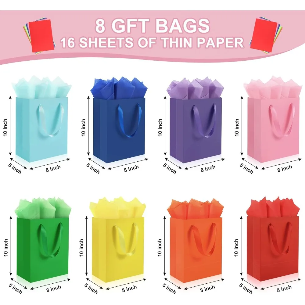 4 Pack Medium Gift Bags with Handles & 8 Tissue Papers - 8x5x10 Inch for Birthdays, Weddings, Holidays